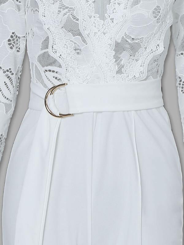 Women Sexy Lace Bodice Plunge Wide Leg Long Pants Long Sleeve Jumpsuit  White - CHALIER