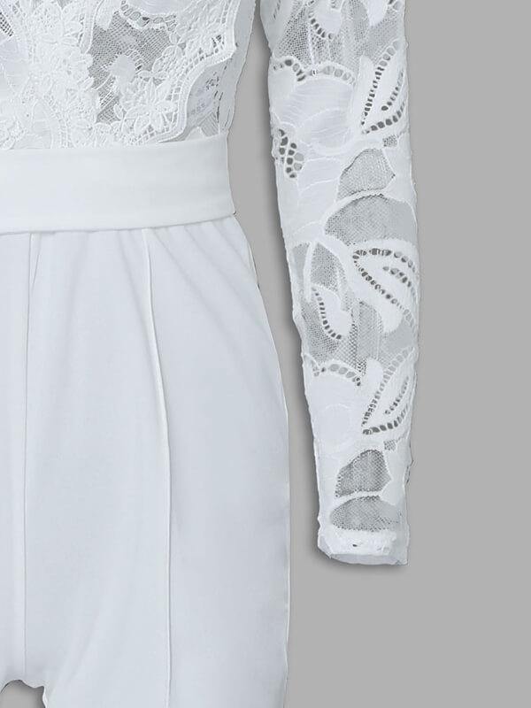 Women Sexy Lace Bodice Plunge Wide Leg Long Pants Long Sleeve Jumpsuit  White - CHALIER