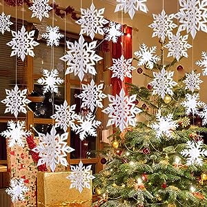 Christmas Snowflake Decorations, Hanging Snowflake Garland 12 String White Glitter Snowflakes Ornaments for Xmas Winter Wonderland Frozen Holiday New Year Birthday Party Christmas Decoration