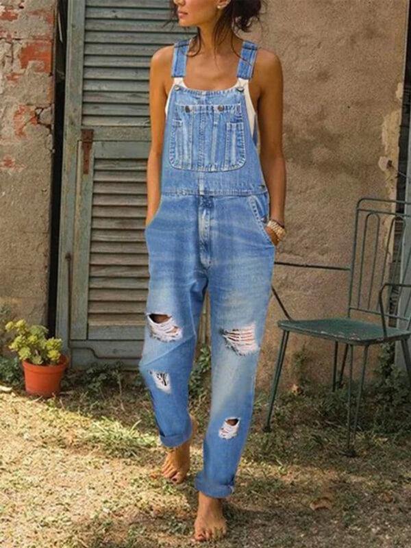 Women Sripped Baggy Jeans Casual Jeans Denim Rompers Pocket Jumpsuit - CHALIER