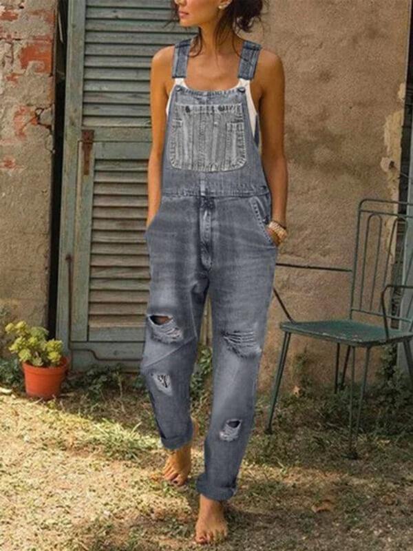 Women Sripped Baggy Jeans Casual Jeans Denim Rompers Pocket Jumpsuit - CHALIER