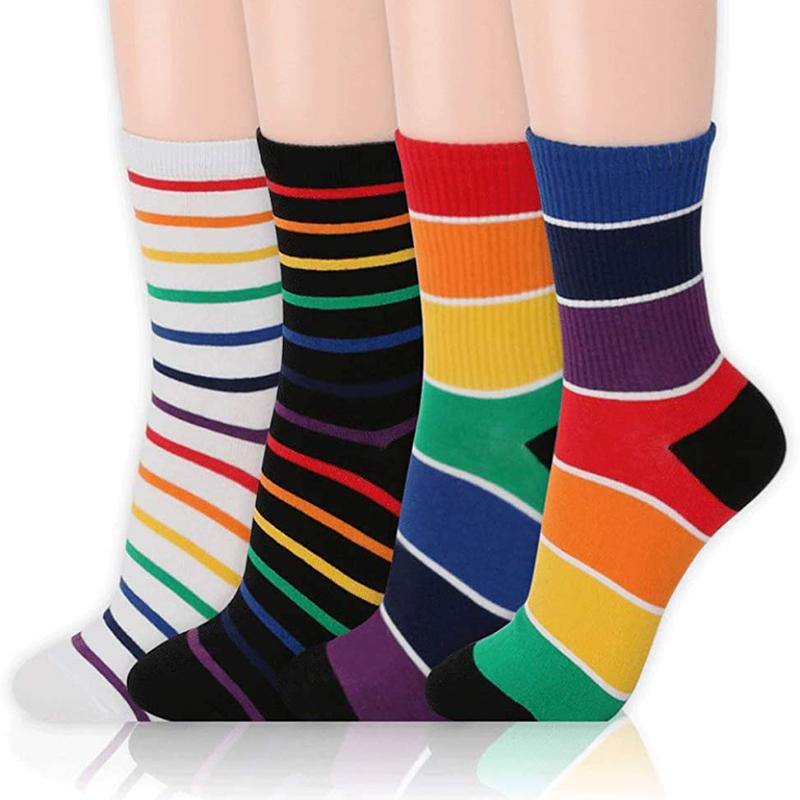 Womens Fashion Socks Colorful Stripe Casual Novel Cotton Crew Socks 4 Pairs - CHALIER