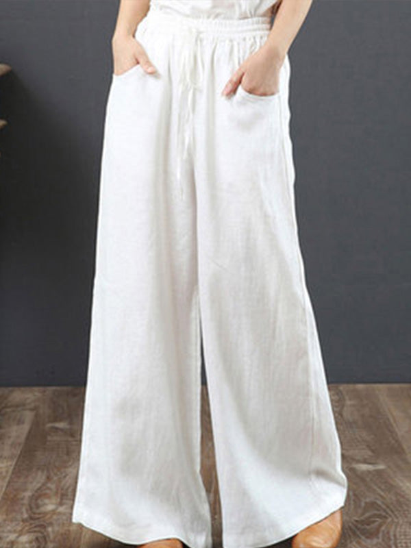 Women's Cotton Linen Wide Leg Pants Casual Plus Size High Waist Straight Trousers