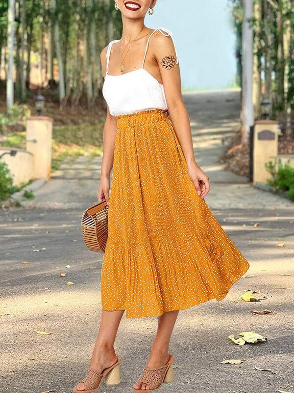 Womens High Waist Polka Dot Pleated Skirt Midi Maxi Swing Skirt with Pockets - CHALIER