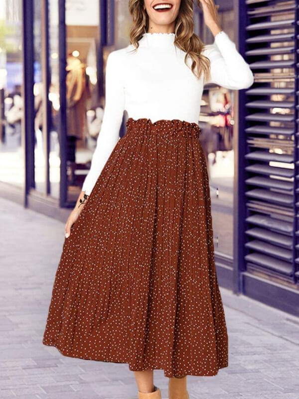 Womens High Waist Polka Dot Pleated Skirt Midi Maxi Swing Skirt with Pockets - CHALIER