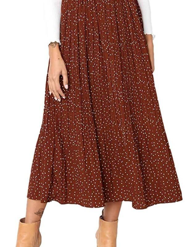 Womens High Waist Polka Dot Pleated Skirt Midi Maxi Swing Skirt with Pockets - CHALIER