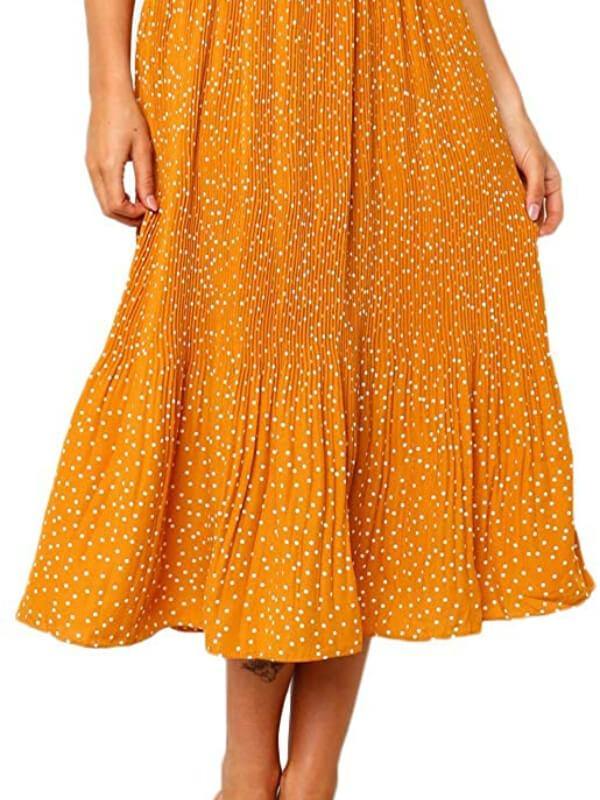 Womens High Waist Polka Dot Pleated Skirt Midi Maxi Swing Skirt with Pockets - CHALIER
