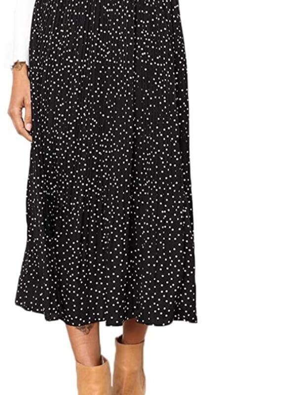 Womens High Waist Polka Dot Pleated Skirt Midi Maxi Swing Skirt with Pockets - CHALIER
