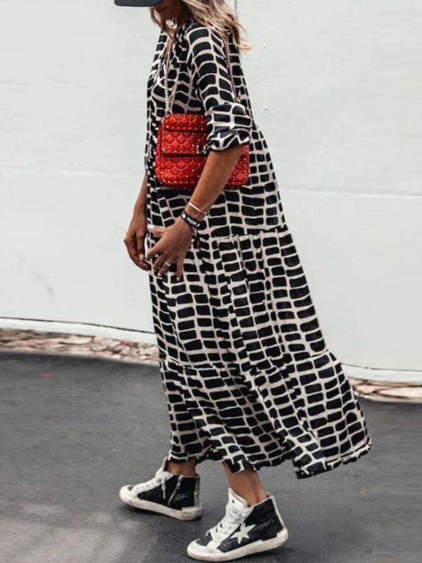 Women's Casual Printed V-Neck Swing Maxi Dress Half Sleeve - CHALIER