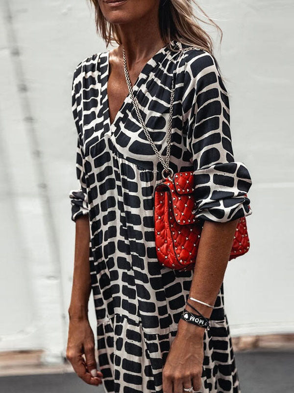 Women's Casual Printed V-Neck Swing Maxi Dress Half Sleeve - CHALIER