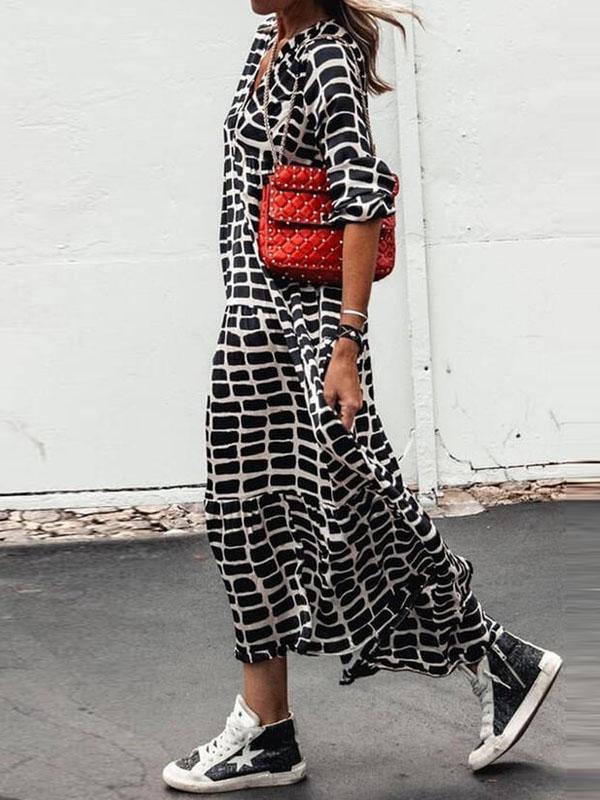 Women's Casual Printed V-Neck Swing Maxi Dress Half Sleeve - CHALIER