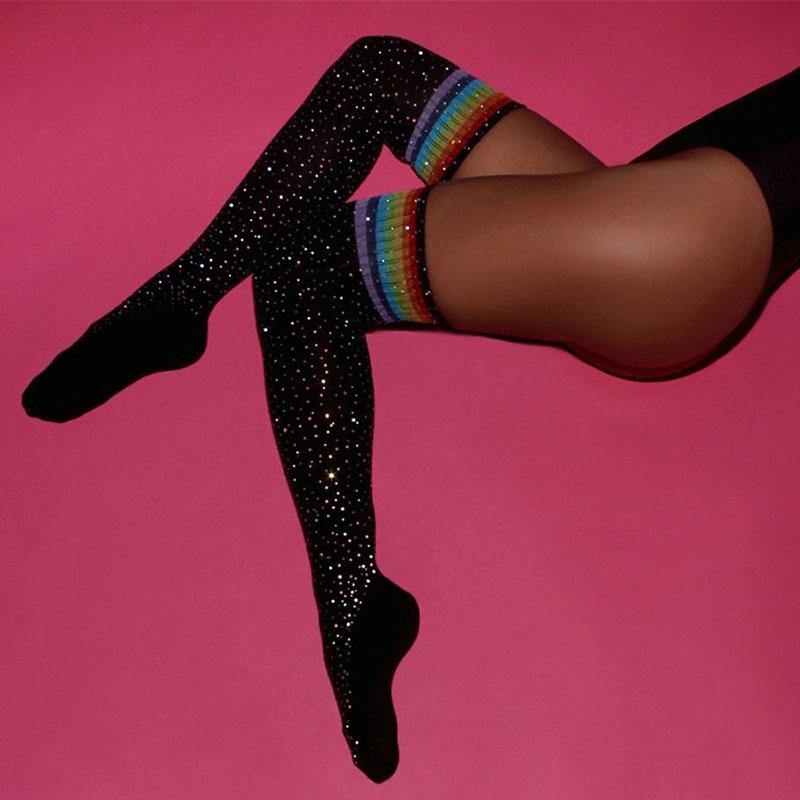 Womens Rhinestone Stockings Thigh High Casual Stripes Leggings Socks 1 Pair - CHALIER