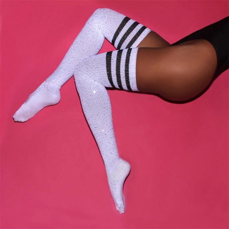 Womens Rhinestone Stockings Thigh High Casual Stripes Leggings Socks 1 Pair - CHALIER