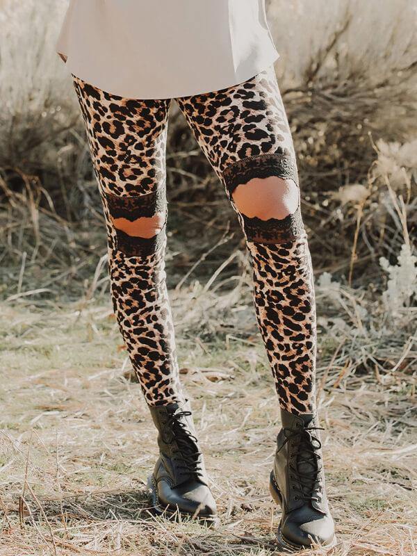 Chalier Floral Hollow Out Printed Skinny Leggings Leopard - CHALIER