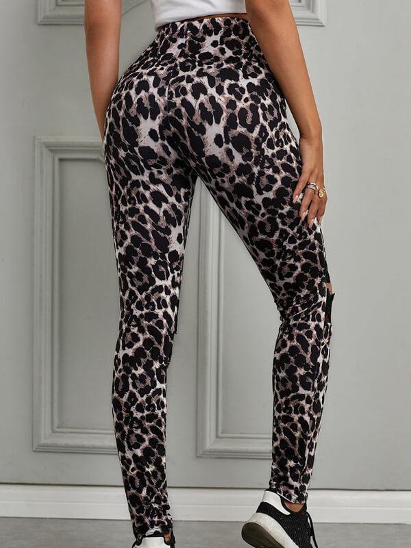 Chalier Casual Skinny Hollow Out Leopard Printed Leggings - CHALIER