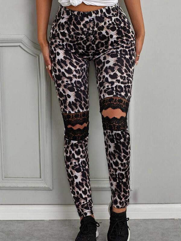 Chalier Casual Skinny Hollow Out Leopard Printed Leggings - CHALIER