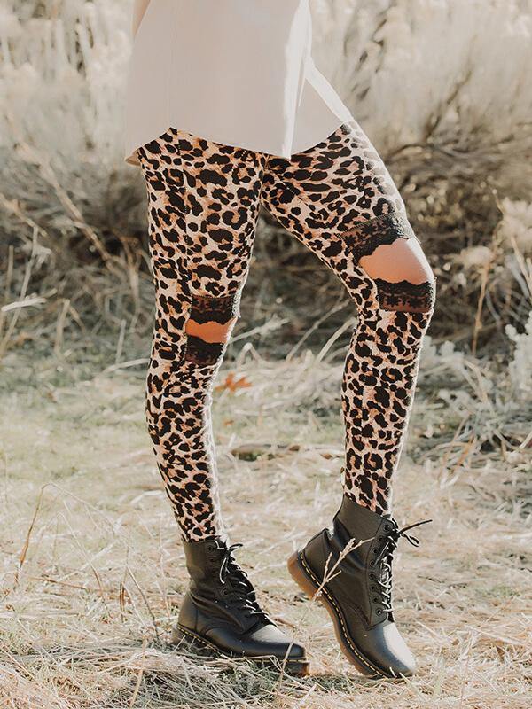 Chalier Casual Skinny Hollow Out Leopard Printed Leggings - CHALIER