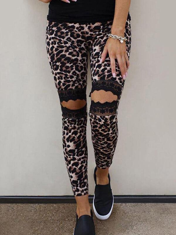 Chalier Casual Skinny Hollow Out Leopard Printed Leggings - CHALIER