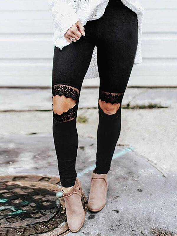 Chalier Hollow Out Leopard Printed Skinny Fashion Leggings Black - CHALIER