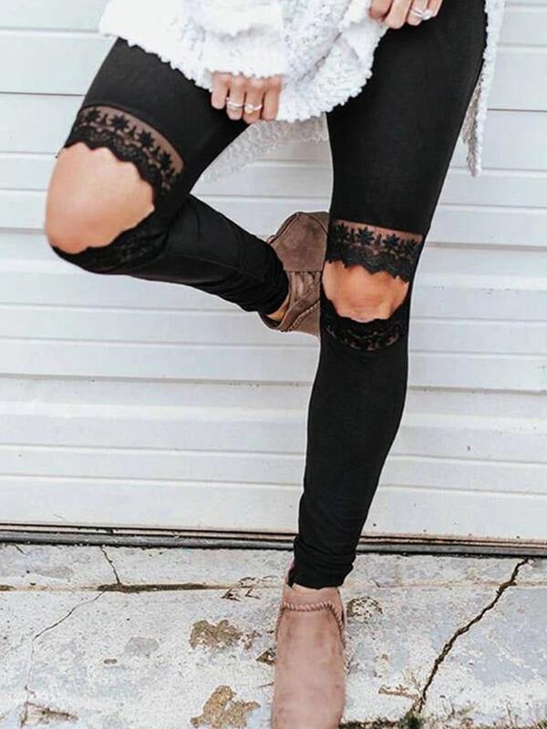 Chalier Hollow Out Leopard Printed Skinny Fashion Leggings Black - CHALIER