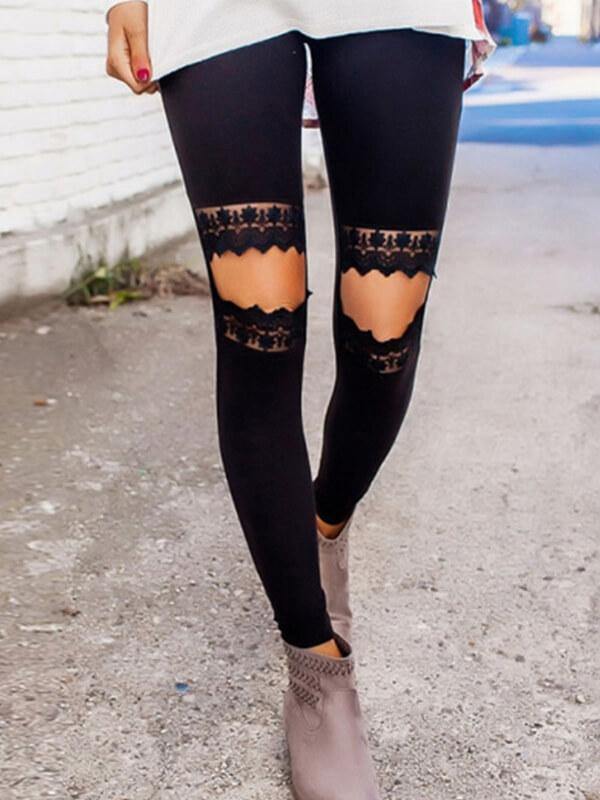 Chalier Hollow Out Leopard Printed Skinny Fashion Leggings Black - CHALIER