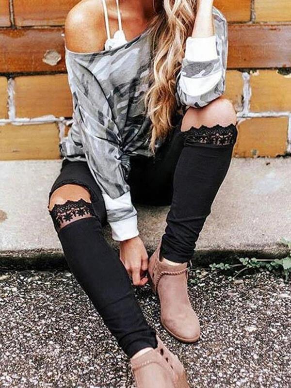 Chalier Hollow Out Leopard Printed Skinny Fashion Leggings Black - CHALIER