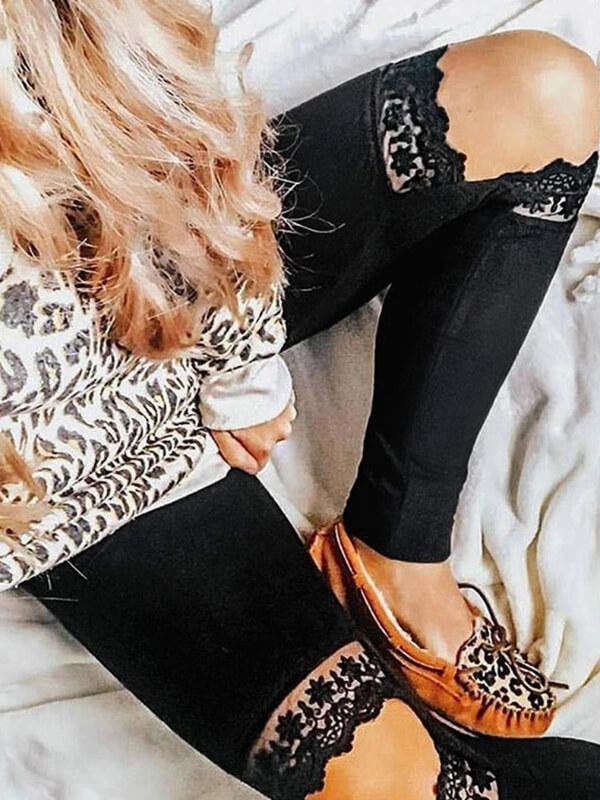 Chalier Hollow Out Leopard Printed Skinny Fashion Leggings Black - CHALIER