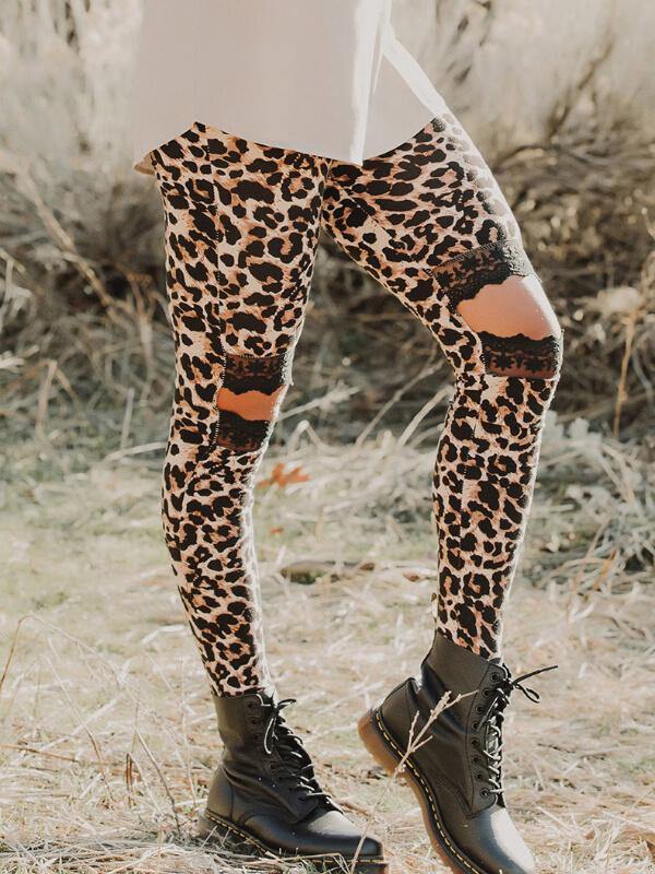 Chalier Floral Hollow Out Printed Skinny Leggings Leopard - CHALIER