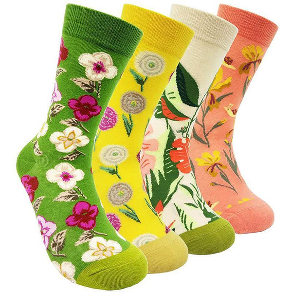 Womens Crew Cotton Socks Spring Flower Fun Art Socks Set 4 Pairs - CHALIER