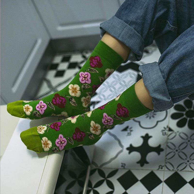 Womens Crew Cotton Socks Spring Flower Fun Art Socks Set 4 Pairs - CHALIER