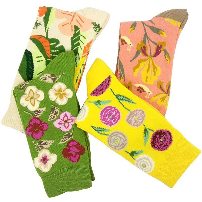Womens Crew Cotton Socks Spring Flower Fun Art Socks Set 4 Pairs - CHALIER