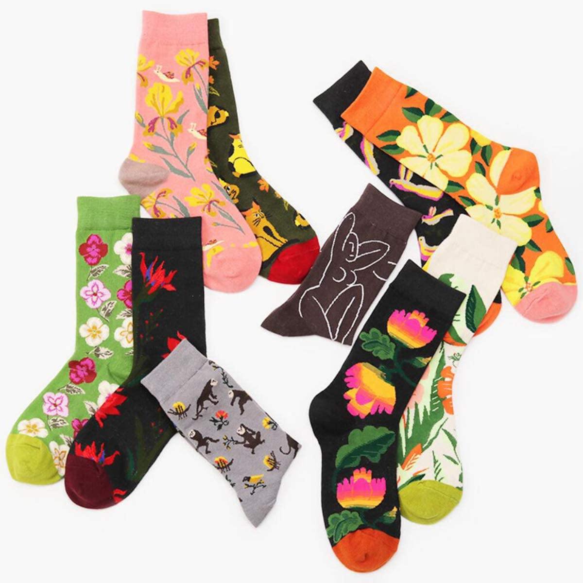 Womens Crew Cotton Socks Spring Flower Fun Art Socks Set 4 Pairs - CHALIER