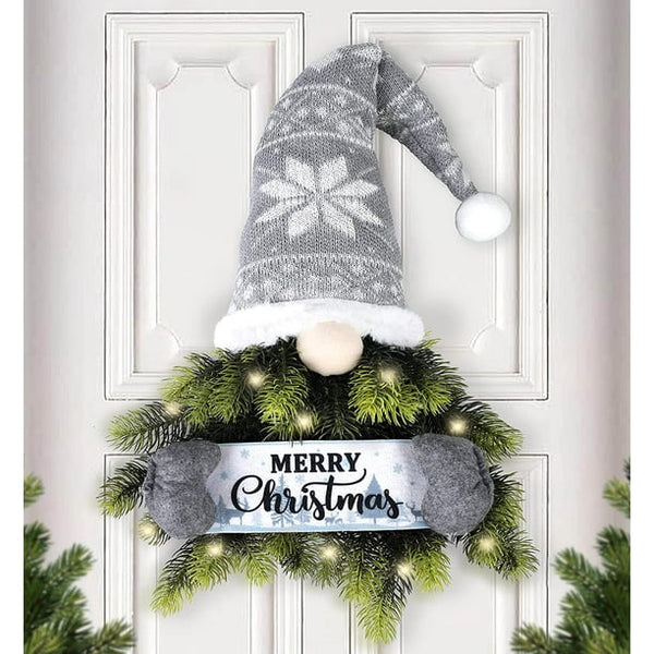 Gnome Christmas Wreath Decorations Lighted Merry Christmas Sign with Artificial Pine Spruce Fairy String Lights for Front Door Wall Porch