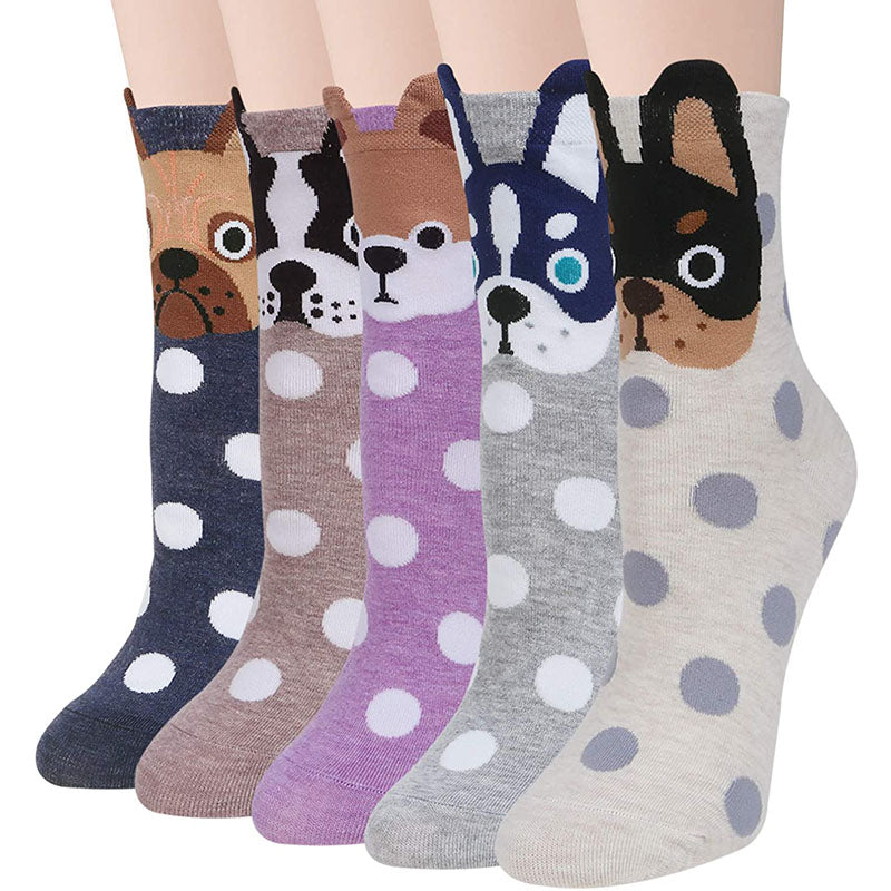 Women Cute Animal Socks Colorful Polka Dots Soft Cotton Socks 5 Pairs