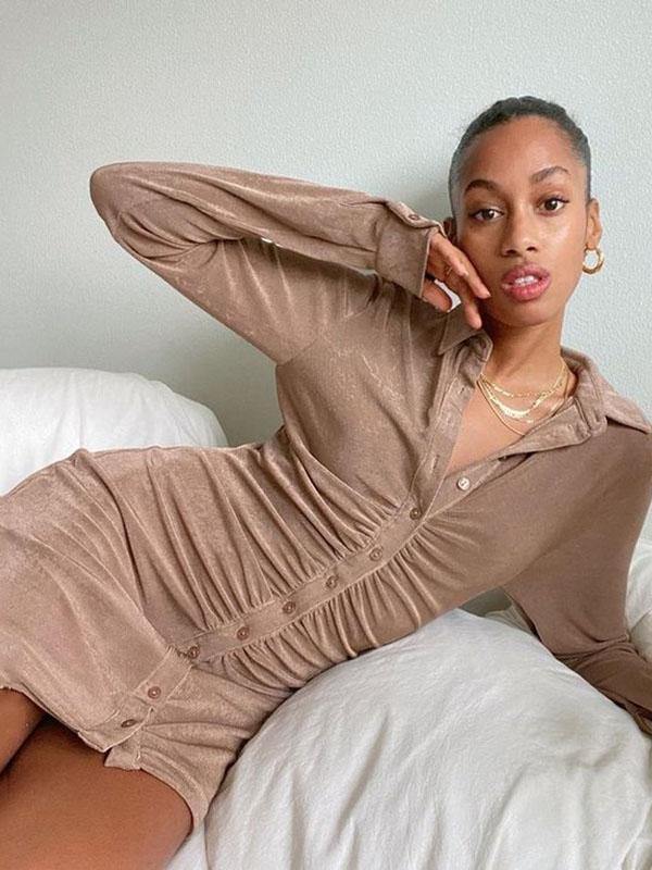 Women's Sexy Pleated Turn-down Collar Lone-sleeve Button Blouse Mini Dress - CHALIER