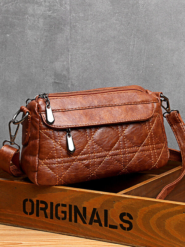 Ladies Double-Layer Large Capacity Diagonal Shoulder Bag Washed Soft Leather Pouch