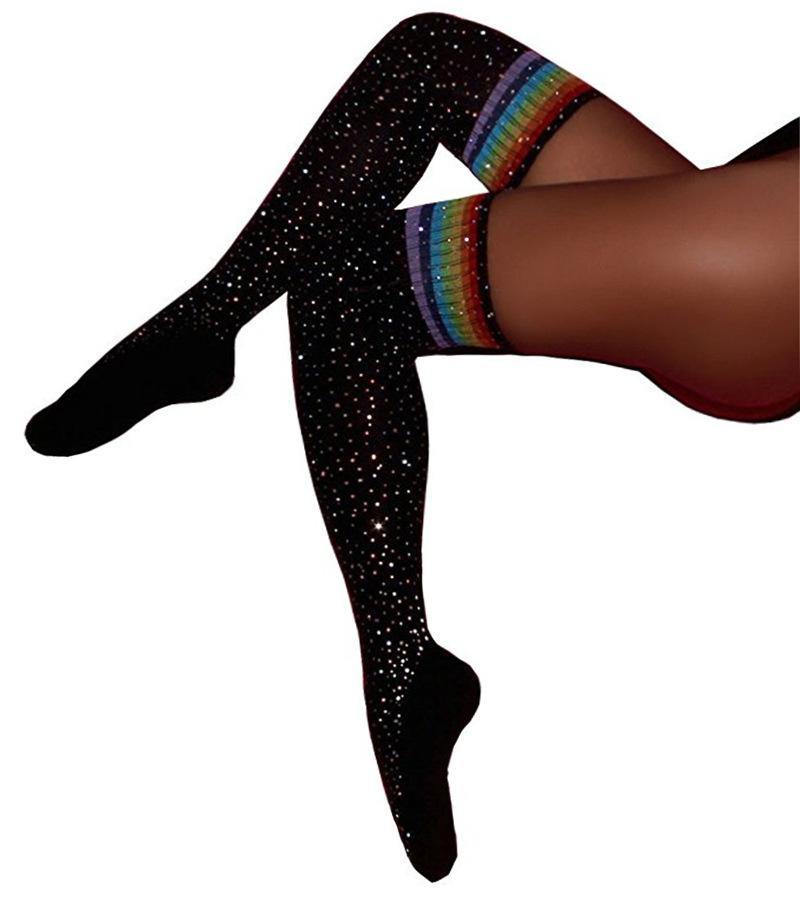 Womens Rhinestone Stockings Thigh High Casual Stripes Leggings Socks 1 Pair - CHALIER