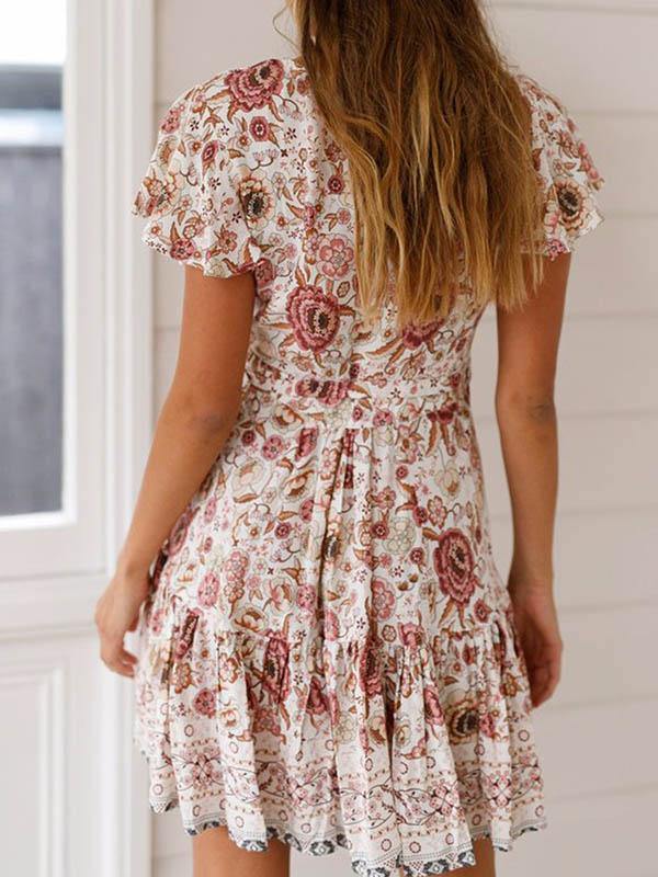 Women's Floral Dress Beach V-Neck Pleated Flare Short Sleeve Beach Dress White