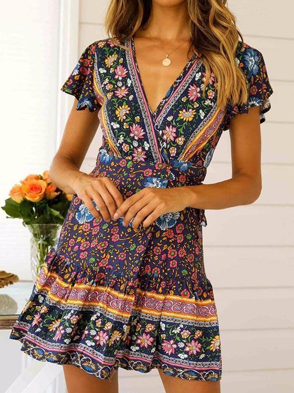 Women's Floral Dress Beach V-Neck Pleated Flare Short Sleeve Beach Dress Blue