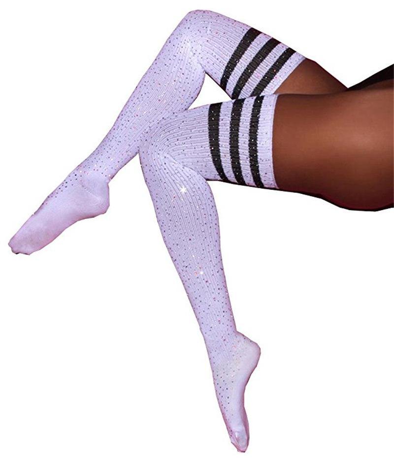 Womens Rhinestone Stockings Thigh High Casual Stripes Leggings Socks 1 Pair - CHALIER
