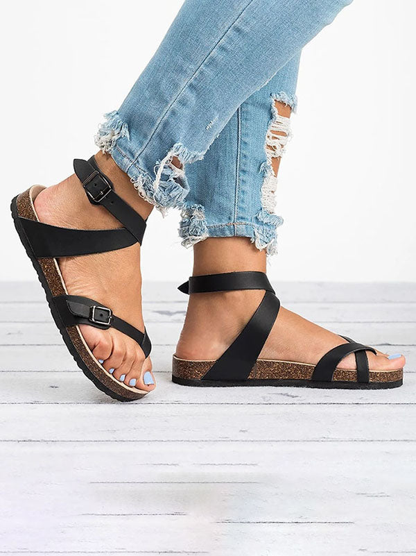 Women's Falt Heel Sandals Summer Beach Peep Toe Strappy Walking Sandals