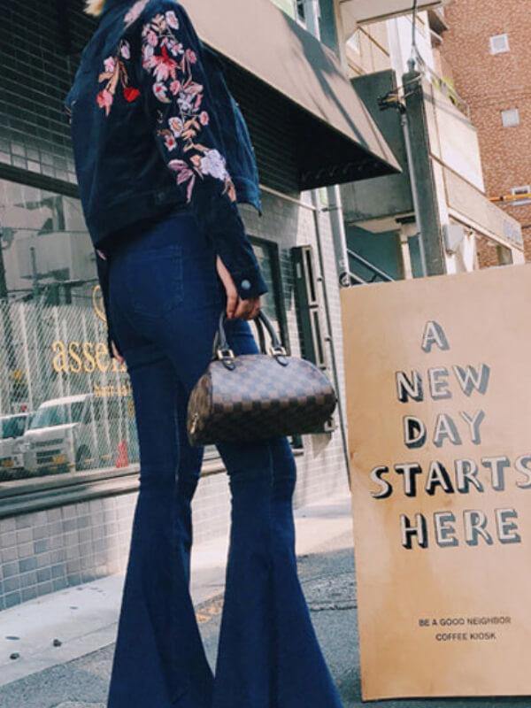 Women Fashion High Waist Bell-bottomed Frayed Denim Pants Blue - CHALIER