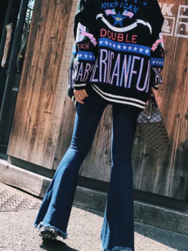 Women Fashion High Waist Bell-bottomed Frayed Denim Pants Blue - CHALIER