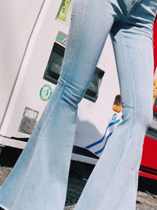 Women Fashion High Waist Bell-bottomed Frayed Denim Pants Blue - CHALIER