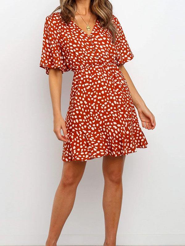 Women's Elegant Mini Dress V-Neck Polka-dot Short Sleeve Casual Bohemian Dress - CHALIER