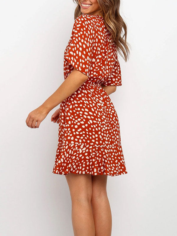 Women's Elegant Mini Dress V-Neck Polka-dot Short Sleeve Casual Bohemian Dress - CHALIER
