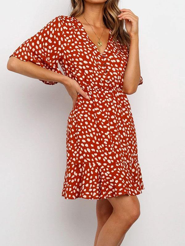 Women's Elegant Mini Dress V-Neck Polka-dot Short Sleeve Casual Bohemian Dress - CHALIER
