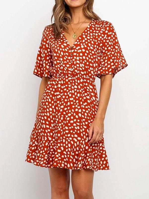 Women's Elegant Mini Dress V-Neck Polka-dot Short Sleeve Casual Bohemian Dress - CHALIER