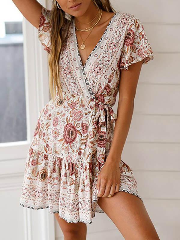 Women's Floral Dress Beach V-Neck Pleated Flare Short Sleeve Beach Dress White