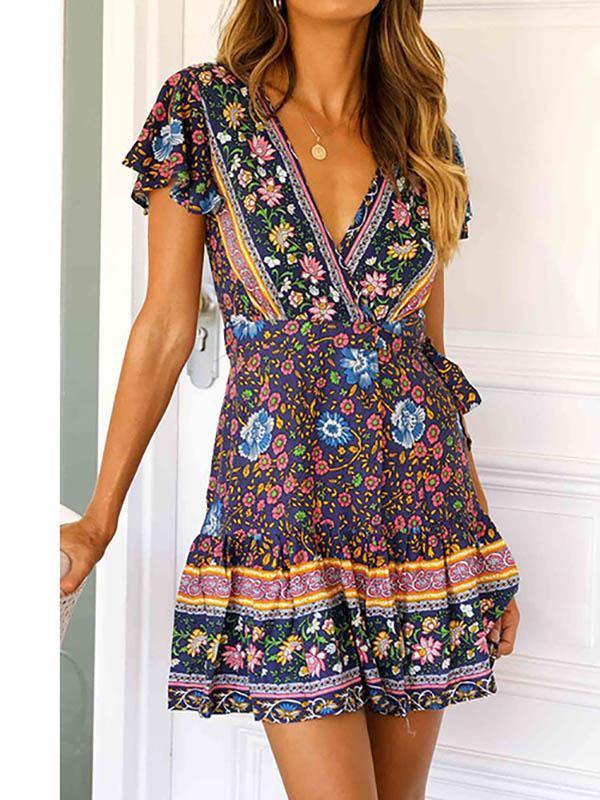Women's Floral Dress Beach V-Neck Pleated Flare Short Sleeve Beach Dress Blue